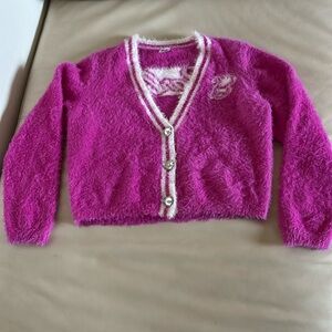 Barbie Fuzzy Pink Cardigan with White Trim